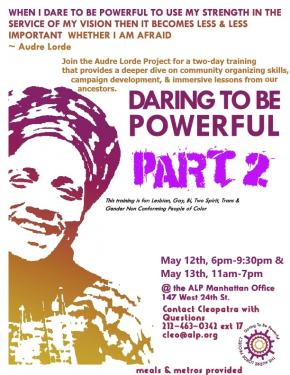 Flyer showing text on details for Daring to be Powerful with a picture of Audre Lorde