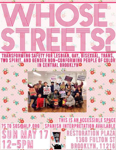 flyer with pink text describing Community Freestyle, entitled "Whose Streets?: Transforming Violence for LGBTSTGNC POC in Central Brooklyn